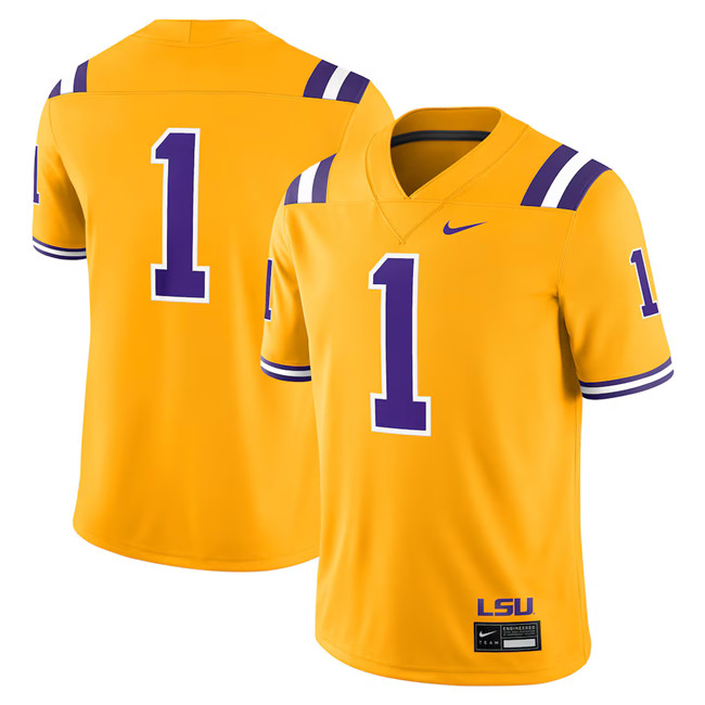 Men's LSU Tigers #1 Gold Stitched Jersey